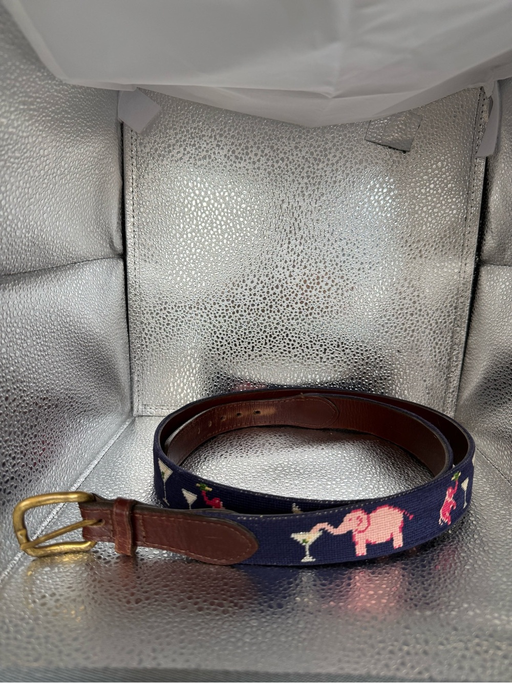 Smathers & Branson Navy Embroidered Elephant Martini Belt Sz 46